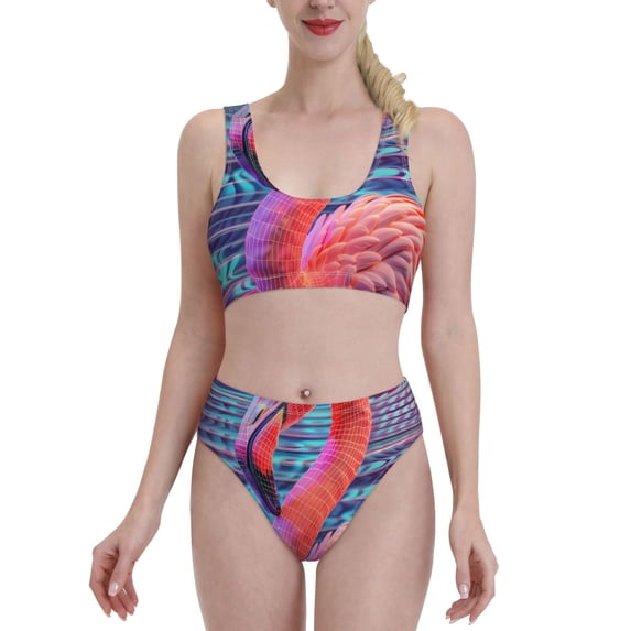 Kdxio Digital Flamingo Vibrant Art for Womens High Waisted Bikini Top Sports Style Two Piece Bathing Suits