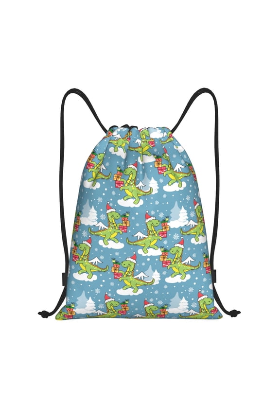 Dino Christmas Adventure Snowy Blue Print Drawstring Backpack Bag,Waterproof Draw String Back Sack, Gym Drawstring Bags Swim Bag For Unisex