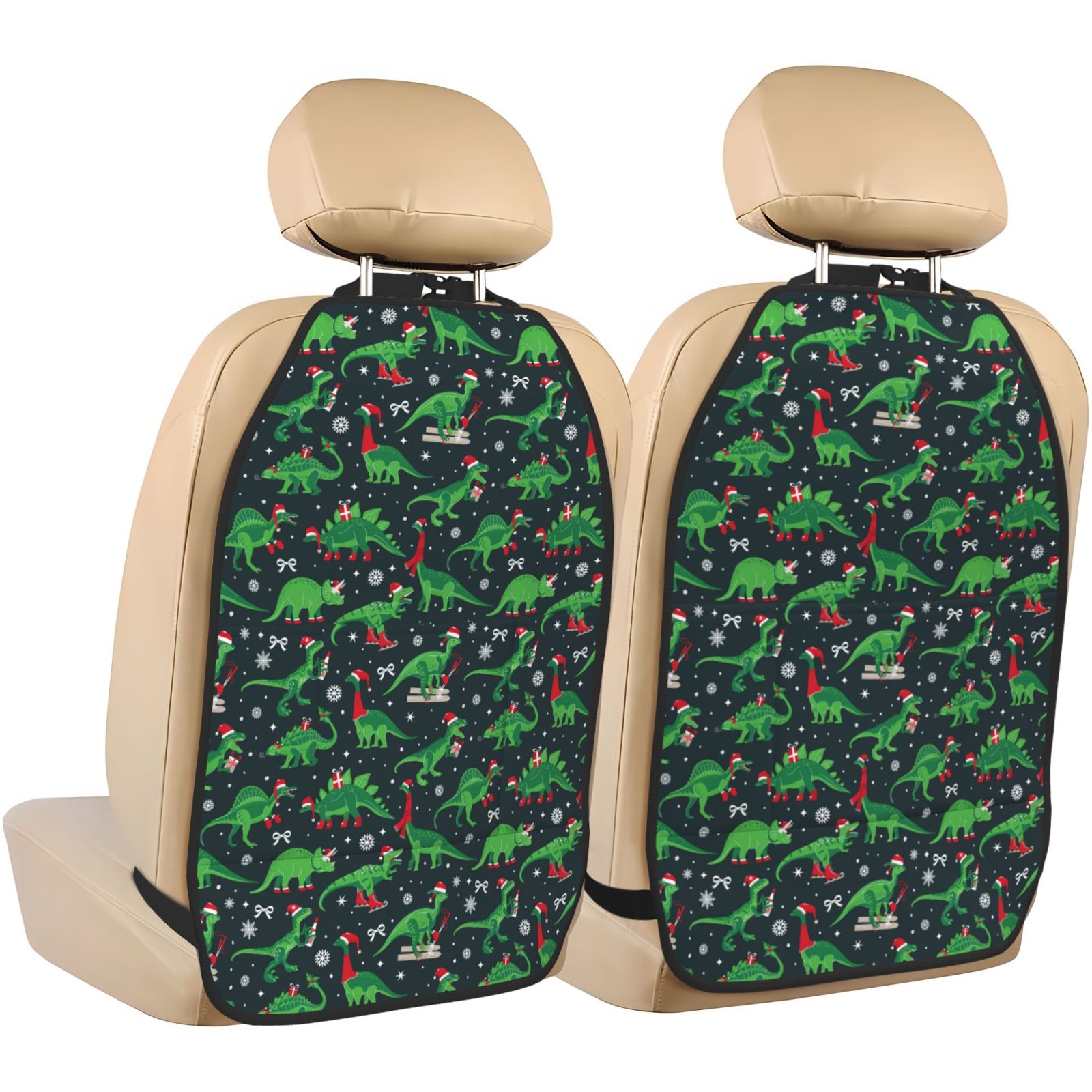 Kdxio Dino Christmas Party Print 2 Pack Car Kick Mat Seat Cover Back Protector Mat with Pockets for Organizer Backseat Protector and Storage Anti Kick Pad for Vehicles