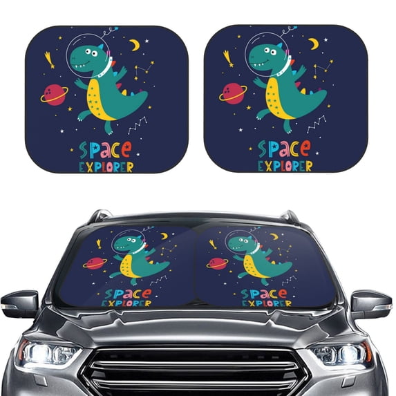 Kdxio Dinosau Space Explorer Print 2-Piece Sun Shade Front Windshield - Foldable Car Front Window Sunshades For Most Sedans Suv Truck