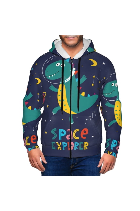 Dinosau Space Explorer Print Men Hoodies Casual Hoodies for Men with Zip Pockets Full Zip Long Sleeve Sweatshirt Sports Hooded Jacket-Small