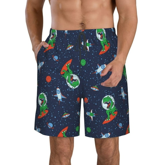 Kdxio Dinosaur Astronaut Pattern Mens Casual Shorts - Drawstring Summer Beach Sports Shorts for Men
