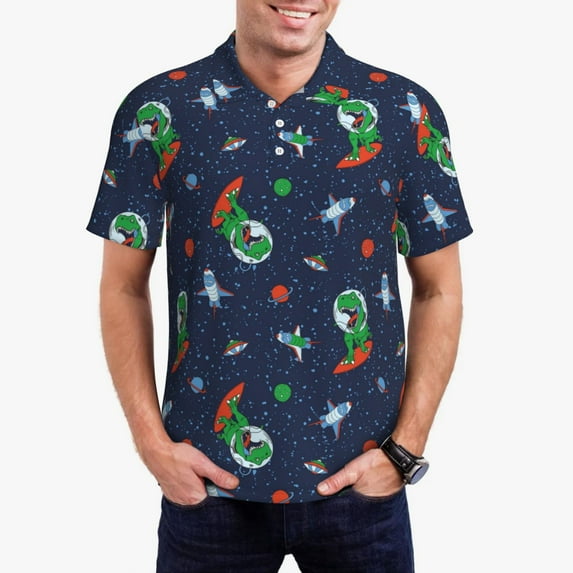 Kdxio Dinosaur Astronaut Print Men's Short Sleeve Polo Shirt,Midweight Men's Shirt
