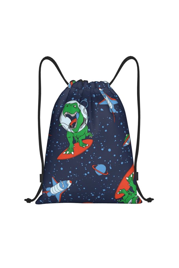 Dinosaur Astronaut Space Surfing Print Drawstring Backpack Bag,Waterproof Draw String Back Sack, Gym Drawstring Bags Swim Bag For Unisex