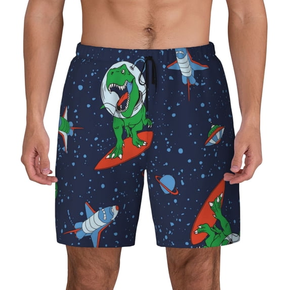 Kdxio Dinosaur Astronaut Space Surfing Print Men'S Swim Trunks With Compression Liner 7 Inch Inseam Quick Dry Swim Shorts