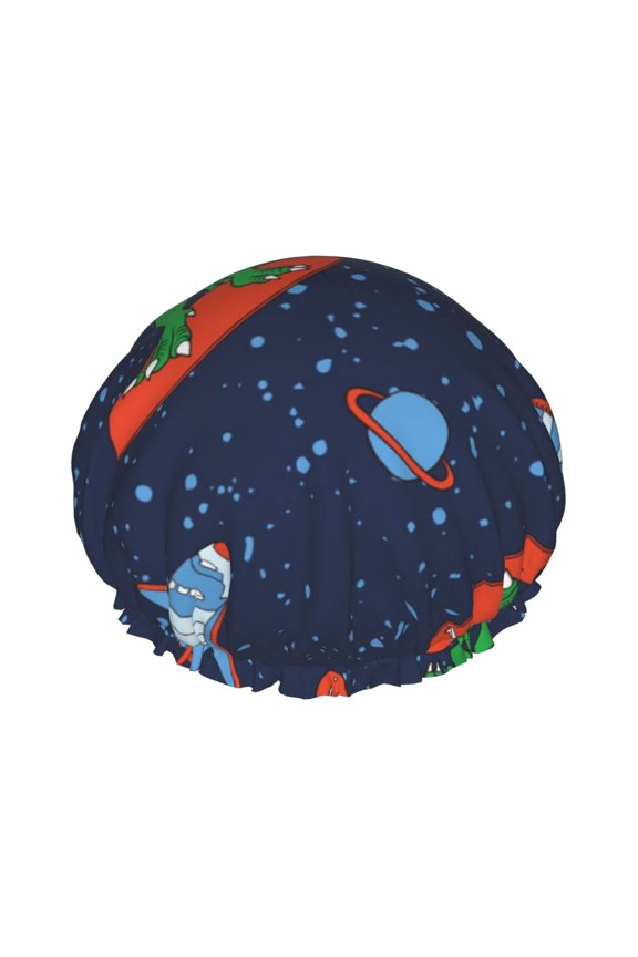 Dinosaur Astronaut Space Surfing Print Shower Cap for Women,Elastic and Reusable,Double Waterproof Layers Bathing Hat