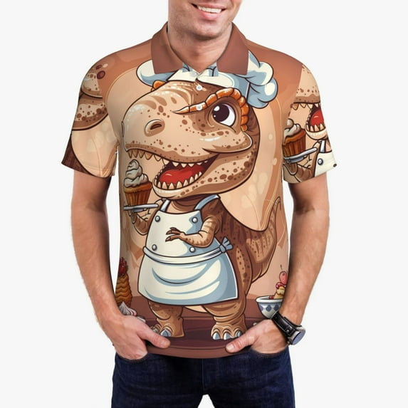 Kdxio Dinosaur Baking Delight Print Men's Short Sleeve Polo Shirt,Midweight Men's Shirt-Medium