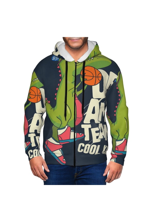 Dinosaur Basketball Player Print Men Hoodies Casual Hoodies for Men with Zip Pockets Full Zip Long Sleeve Sweatshirt Sports Hooded Jacket-Large