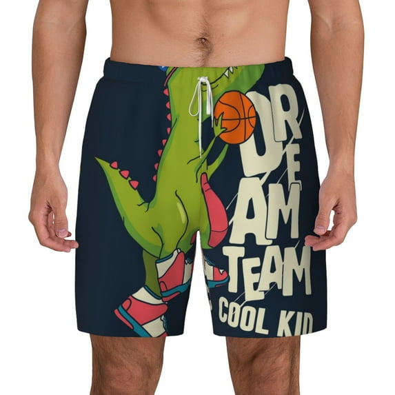 Kdxio Dinosaur Basketball Player Print Men'S Swim Trunks With Compression Liner 7 Inch Inseam Quick Dry Swim Shorts