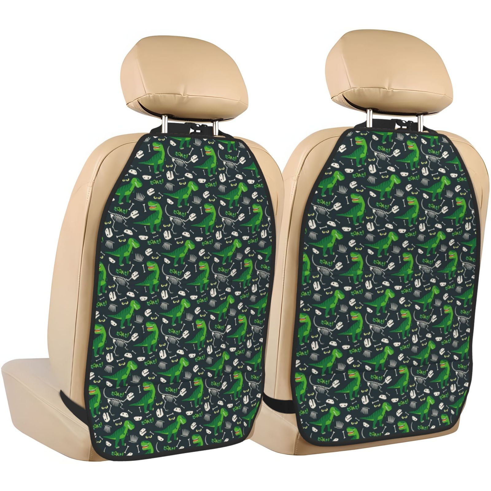 Kdxio Dinosaur and Bone Print 2 Pack Car Kick Mat Seat Cover Back Protector Mat with Pockets for Organizer Backseat Protector and Storage Anti Kick Pad for Vehicles