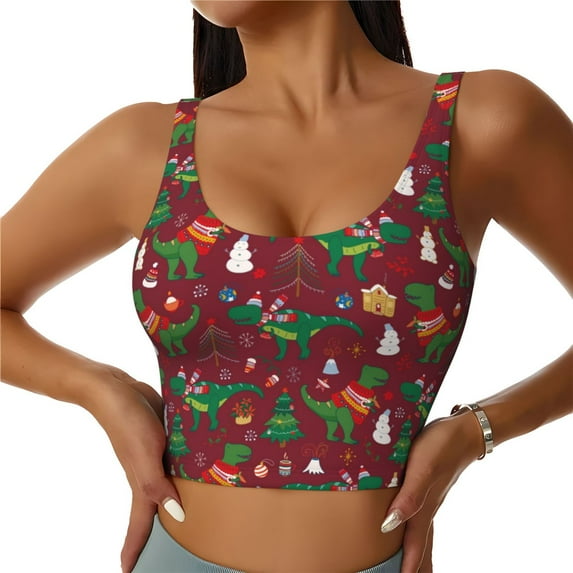 Kdxio Dinosaur Christmas Print Workout Crop Tank Top for Women Racerback Yoga Tank Tops Athletic Sports Shirts Exercise Undershirts