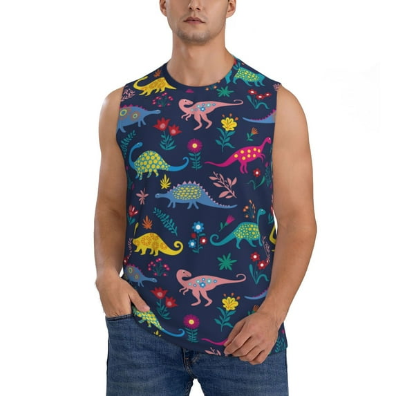Kdxio Dinosaur Flowers for Men's Muscle T-shirt,Sleeveless for Workout Running Athletic Gym Lounge Casual
