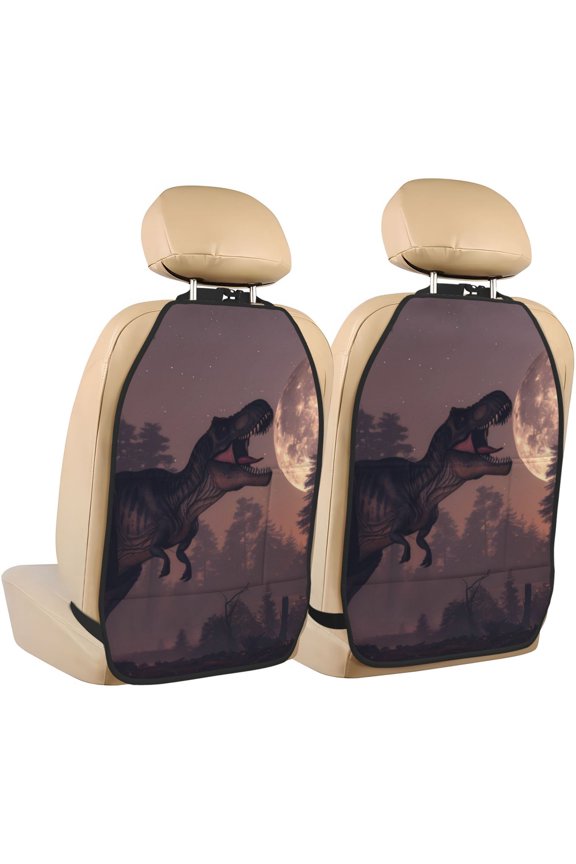 Dinosaur Moonlit Forest Print 2 Pack Car Kick Mat Seat Cover Back Protector Mat with Pockets for Organizer Backseat Protector and Storage Anti Kick Pad for Vehicles
