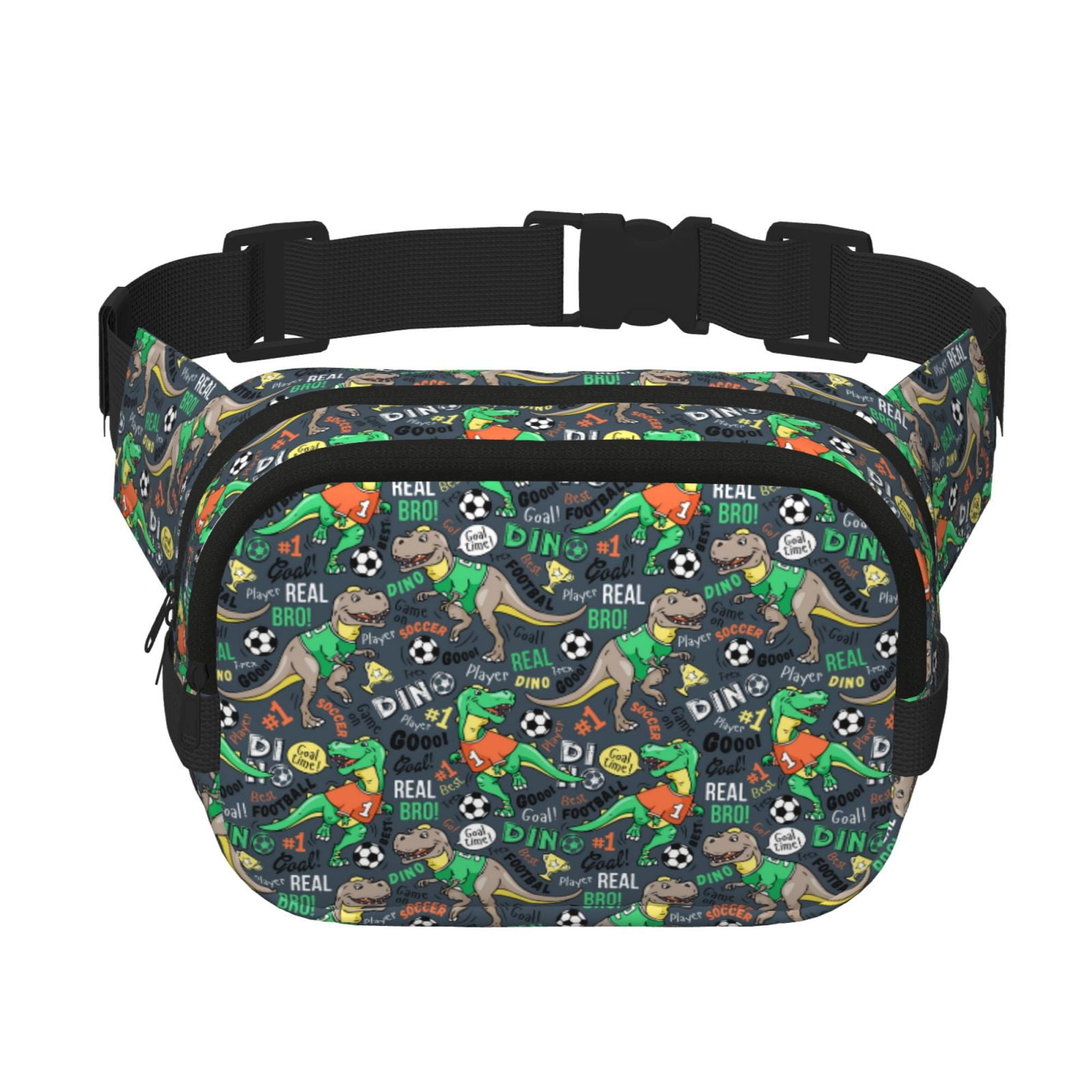 Kdxio Dinosaur Plays Soccer Crossbody Double Layer Waist Bag Belt Bag for Unisex Fanny Pack Fashion Waist Packs for Hiking Running Shopping Traveling