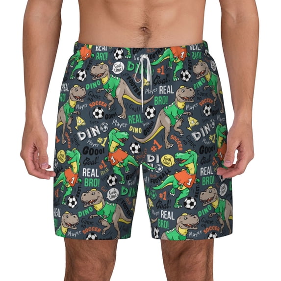 Kdxio Dinosaur Plays Soccer Print Men'S Swim Trunks With Compression Liner 7 Inch Inseam Quick Dry Swim Shorts