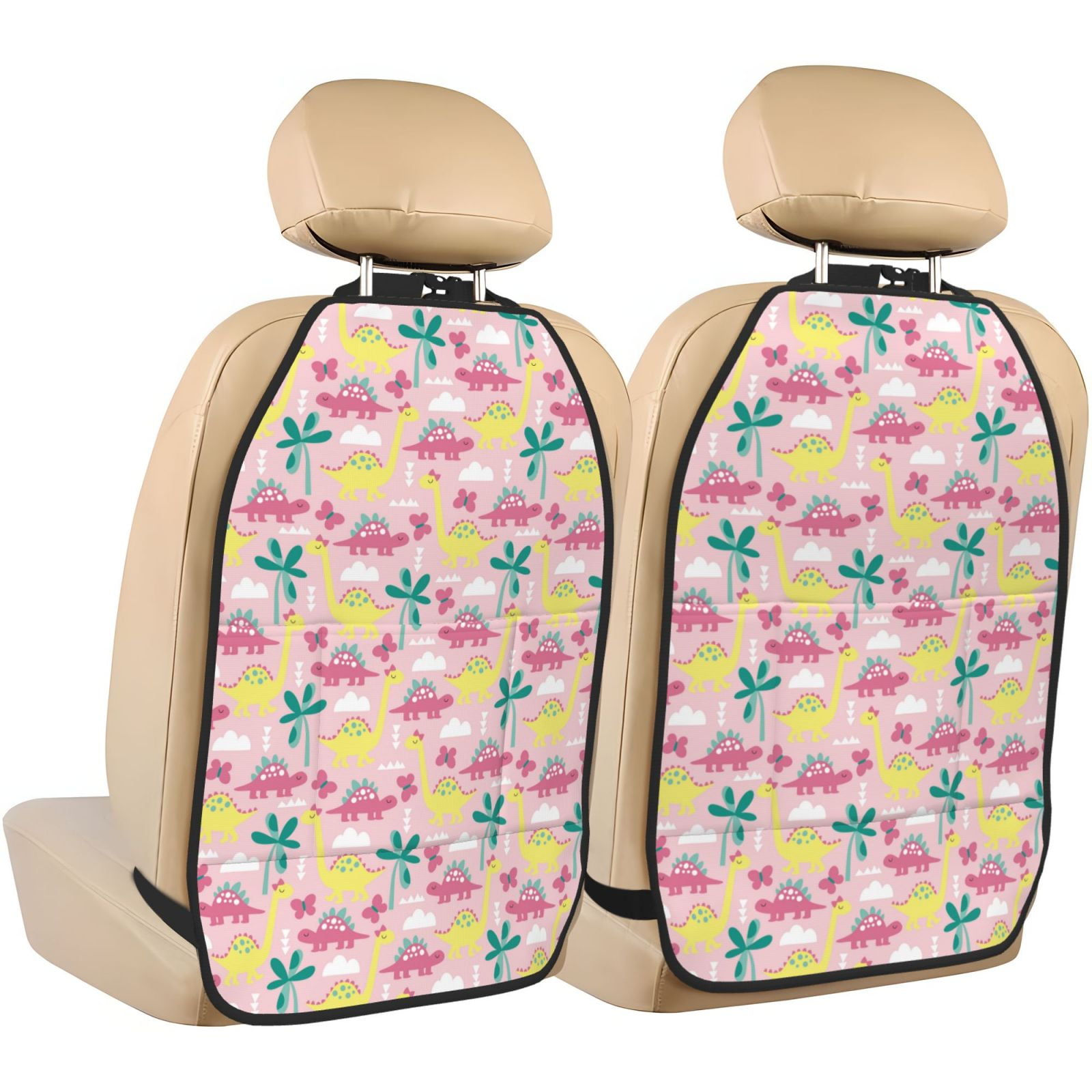 Kdxio Dinosaur Print 2 Pack Car Kick Mat Seat Cover Back Protector Mat with Pockets for Organizer Backseat Protector and Storage Anti Kick Pad for Vehicles