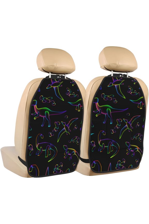 Dinosaur Print 2 Pack Car Kick Mat Seat Cover Back Protector Mat with Pockets for Organizer Backseat Protector and Storage Anti Kick Pad for Vehicles