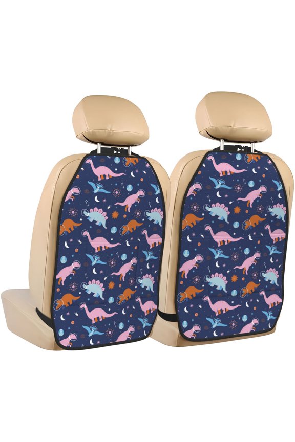 Dinosaur Print 2 Pack Car Kick Mat Seat Cover Back Protector Mat with Pockets for Organizer Backseat Protector and Storage Anti Kick Pad for Vehicles