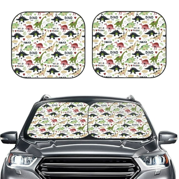 Kdxio Dinosaur Print 2-Piece Sun Shade Front Windshield - Foldable Car Front Window Sunshades for Most Sedans SUV Truck