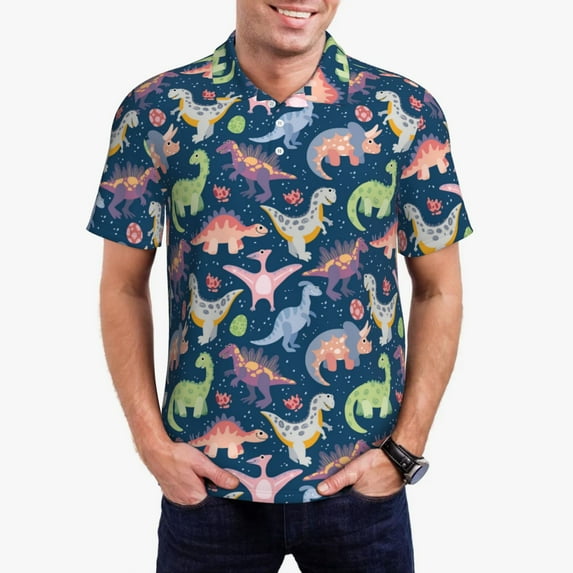 Kdxio Dinosaur Print Men's Short Sleeve Polo Shirt,Midweight Men's Shirt