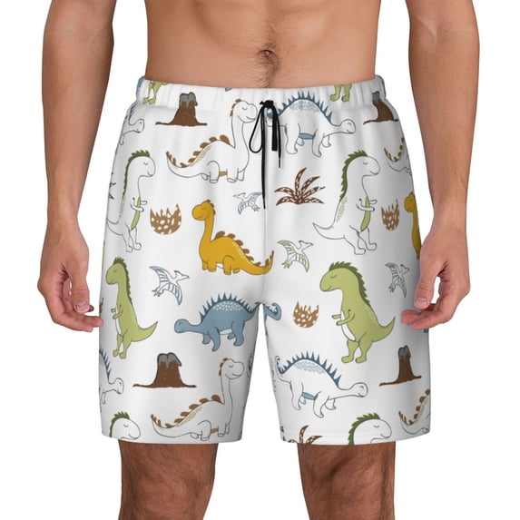 Kdxio Dinosaur Print Men's Swim Trunks with Compression Liner 7 Inch Inseam Quick Dry Swim Shorts