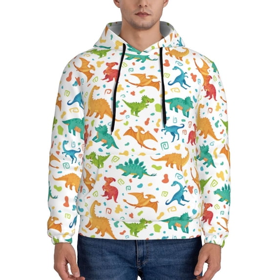 Kdxio Dinosaur Print Mens Casual Hooded Collar Drawstring Hoodies Pullover Sweatshirts Casual Long Sleeve Shirts-Large