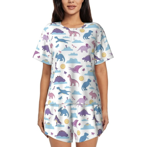 Kdxio Dinosaur Print Pajamas Sets for Women Short-Sleeved Pjs with Lounge Shorts Two Piece Sleepwear S-4XL