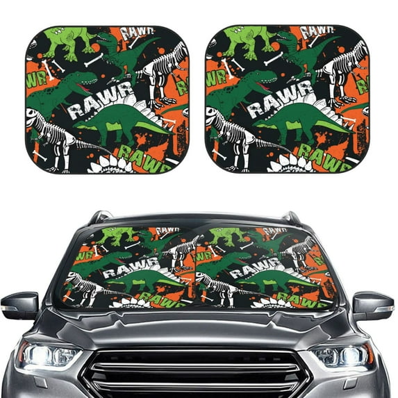 Kdxio Dinosaur Skeleton Print 2-Piece Sun Shade Front Windshield - Foldable Car Front Window Sunshades For Most Sedans Suv Truck