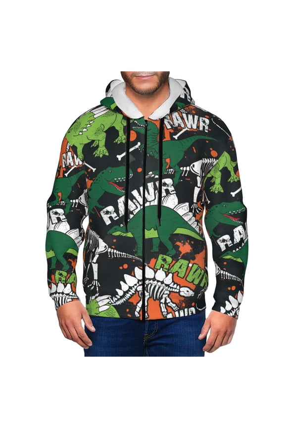 Dinosaur Skeleton Print Men Hoodies Casual Hoodies for Men with Zip Pockets Full Zip Long Sleeve Sweatshirt Sports Hooded Jacket-Large