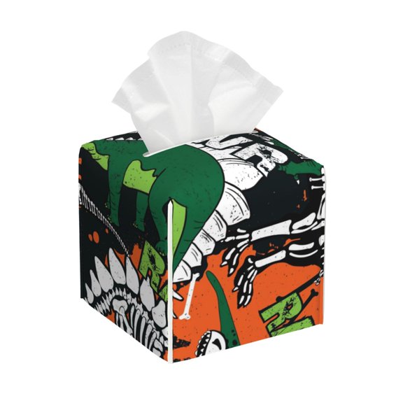 Kdxio Dinosaur Skeleton Print Tissue Box Cover,Square Decorative PU Leather Facial Paper Case Organizer Holder Dispenser for Bathroom,Night Stands,Desk,Car 5.2''X5.2''X5.2''