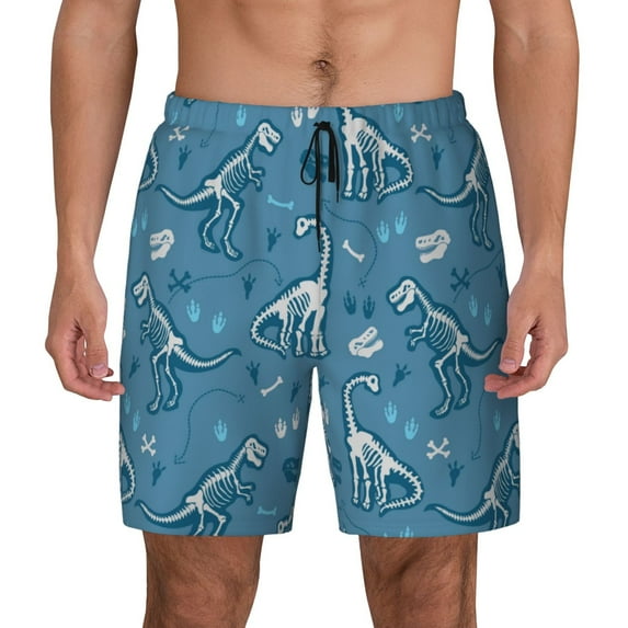 Kdxio Dinosaur Skull Print Men's Swim Trunks with Compression Liner 7 Inch Inseam Quick Dry Swim Shorts