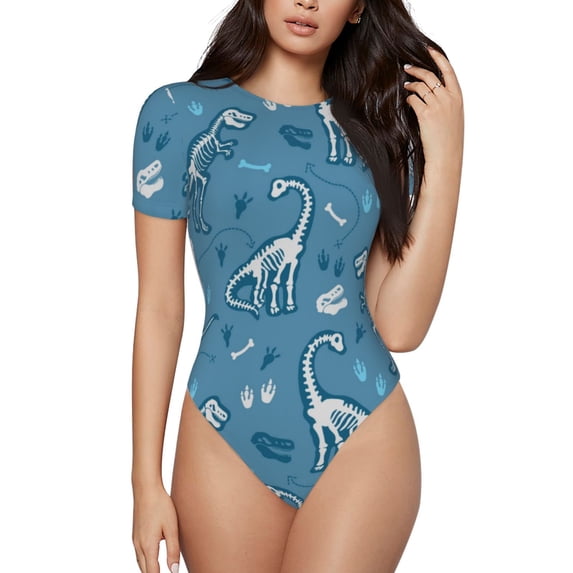 Kdxio Dinosaur Skull for Women's Short-Sleeved Onesie Stylish Round Neck Pajamas Bodysuit Jumpsuit Nightwear-Large