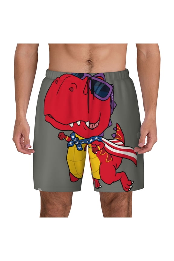 Dinosaur Super Hero Cartoon Print Men'S Swim Trunks With Compression Liner 7 Inch Inseam Quick Dry Swim Shorts