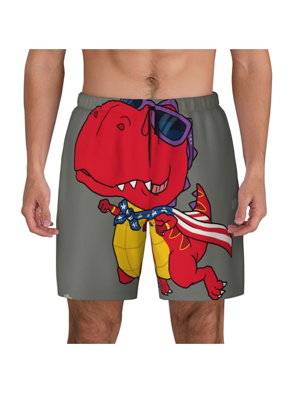 Dinosaur Super Hero Cartoon Print Men'S Swim Trunks With Compression Liner 7 Inch Inseam Quick Dry Swim Shorts