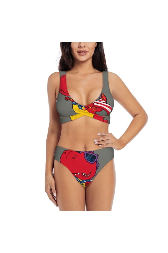 Dinosaur Super Hero Cartoon Print Women's 2 Piece High Waisted Wrap Spaghetti Strap Summer Swimsuit Bikini Set-Medium
