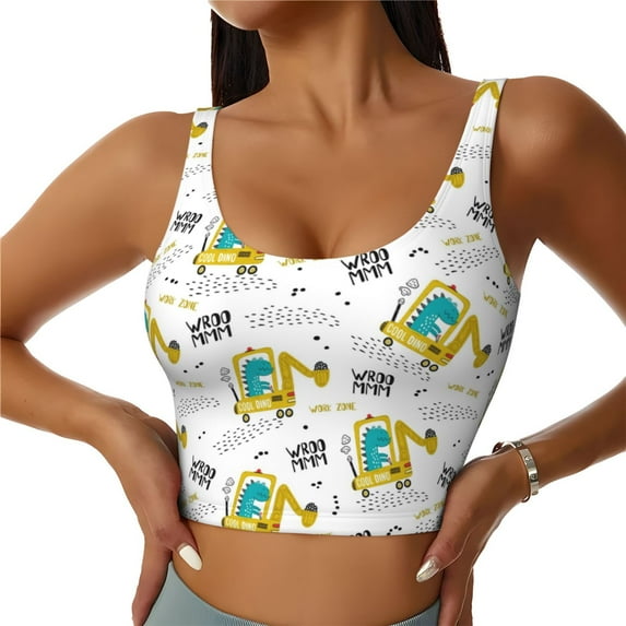 Kdxio Dinosaur on Excavator Print Workout Crop Tank Top for Women Racerback Yoga Tank Tops Athletic Sports Shirts Exercise Undershirts