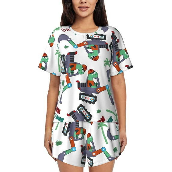Kdxio Dinosaur on Excavator2 Print Pajamas Sets for Women Short-Sleeved Pjs with Lounge Shorts Two Piece Sleepwear S-4XL
