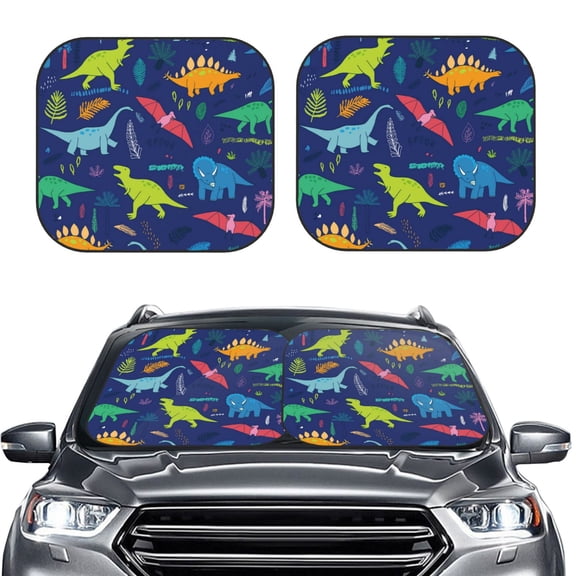 Kdxio Dinosaurs Adventure With Palms And Tropical Leaves Print 2-Piece Sun Shade Front Windshield - Foldable Car Front Window Sunshades For Most Sedans Suv Truck