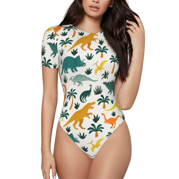 Kdxio Dinosaurs and Tropical Leaves for Women's Short-Sleeved Onesie Stylish Round Neck Pajamas Bodysuit Jumpsuit Nightwear-XX-Large