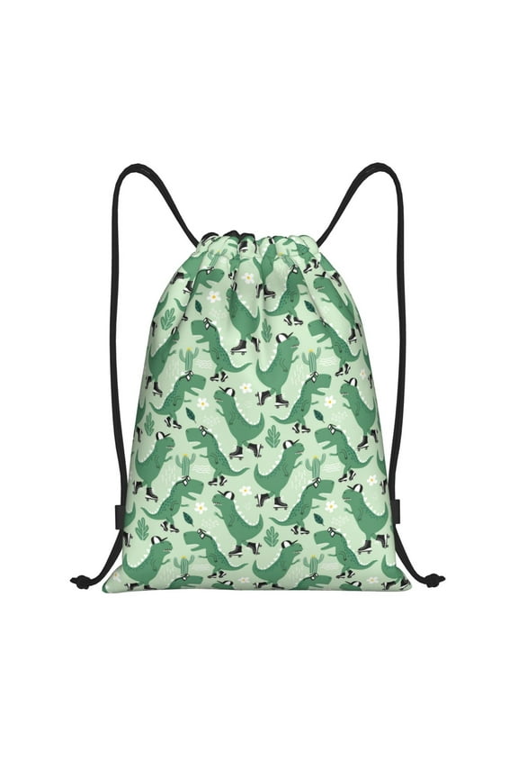 Dinosaurs on Roller Skater Print Drawstring Backpack Bag,Waterproof Draw String Back Sack, Gym Drawstring Bags Swim Bag For Unisex