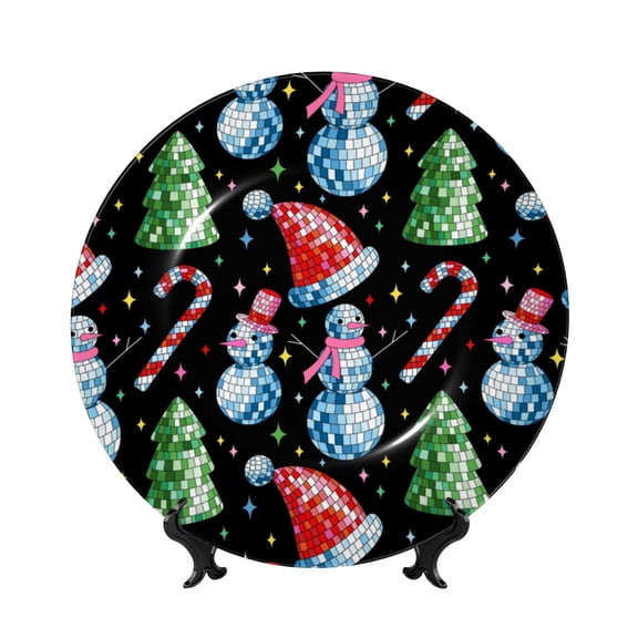 Kdxio Disco Mirror Ball Snowman Bone China Decorative Plate Ceramic Decorative Plate for Home Office Wall Stand Decorative Plates for Home Bedroom-8in