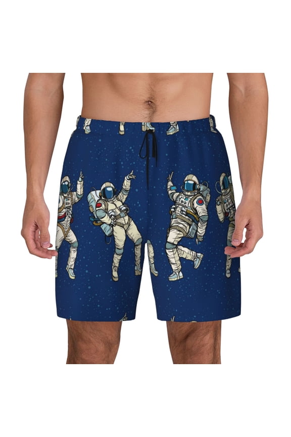 Disco Party Astronaut Dancing Print Men'S Swim Trunks With Compression Liner 7 Inch Inseam Quick Dry Swim Shorts