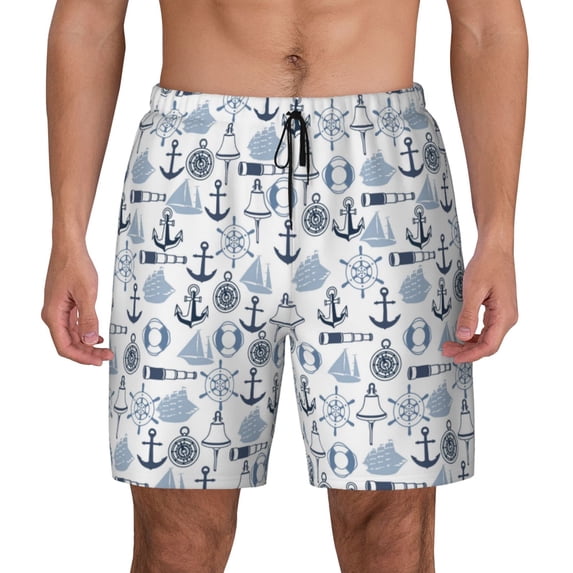 Kdxio Dock Rudder Print Men's Swim Trunks with Compression Liner 7 Inch Inseam Quick Dry Swim Shorts