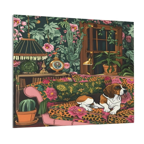Kdxio Dog On Floral Couch Pattern Canvas Wall Art for Living Room Wall Decor for Bedroom Bathroom Modern Framed Canvas Art Prints Ready to Hang,Horizontal