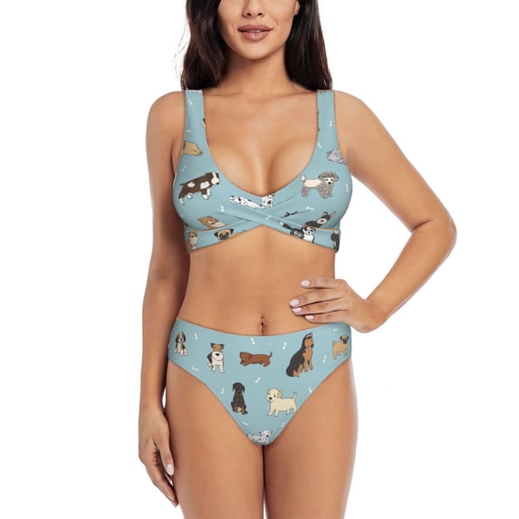 Kdxio Dog Pets Print Women's 2 Piece High Waisted Wrap Spaghetti Strap Summer Swimsuit Bikini Set-