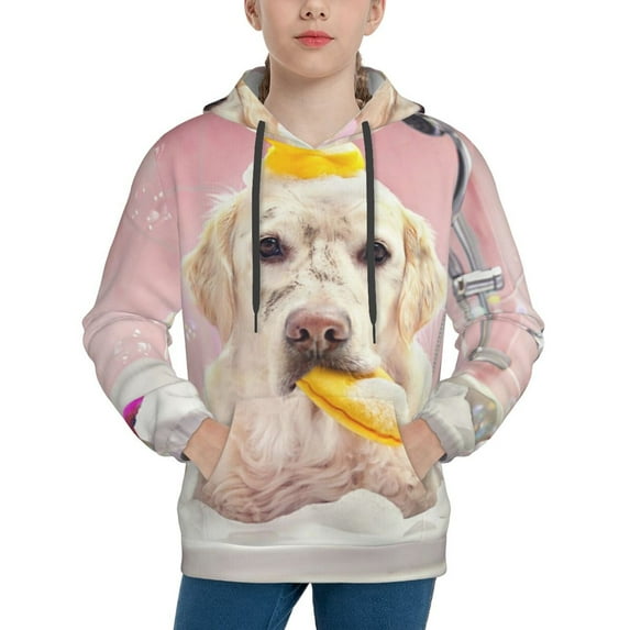 Kdxio Dog Sitting In Bathtub With Duck On Head Pattern Boys Athletic Unisex Boys Girls Hoodie with Pocket Sweatshirts-Medium