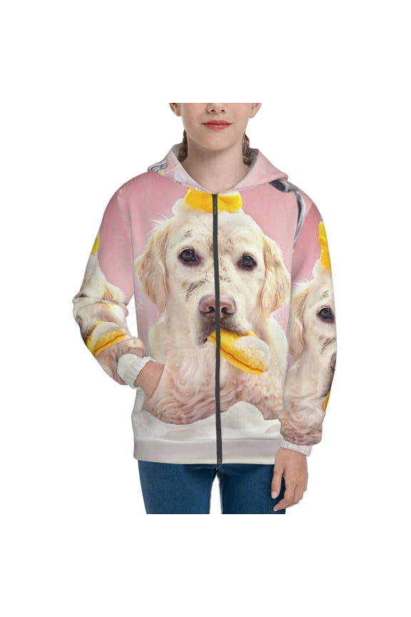 Dog Sitting In Bathtub With Duck On Head Pattern Kids Boys Girls Zip Up Hoodie 3D Printed Hooded Sweatshirt Hoody Coat with Pocket 7-12 Y-Medium