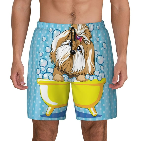Kdxio Dog Takes A Bath In The Bathtub Print Men'S Swim Trunks With Compression Liner 7 Inch Inseam Quick Dry Swim Shorts