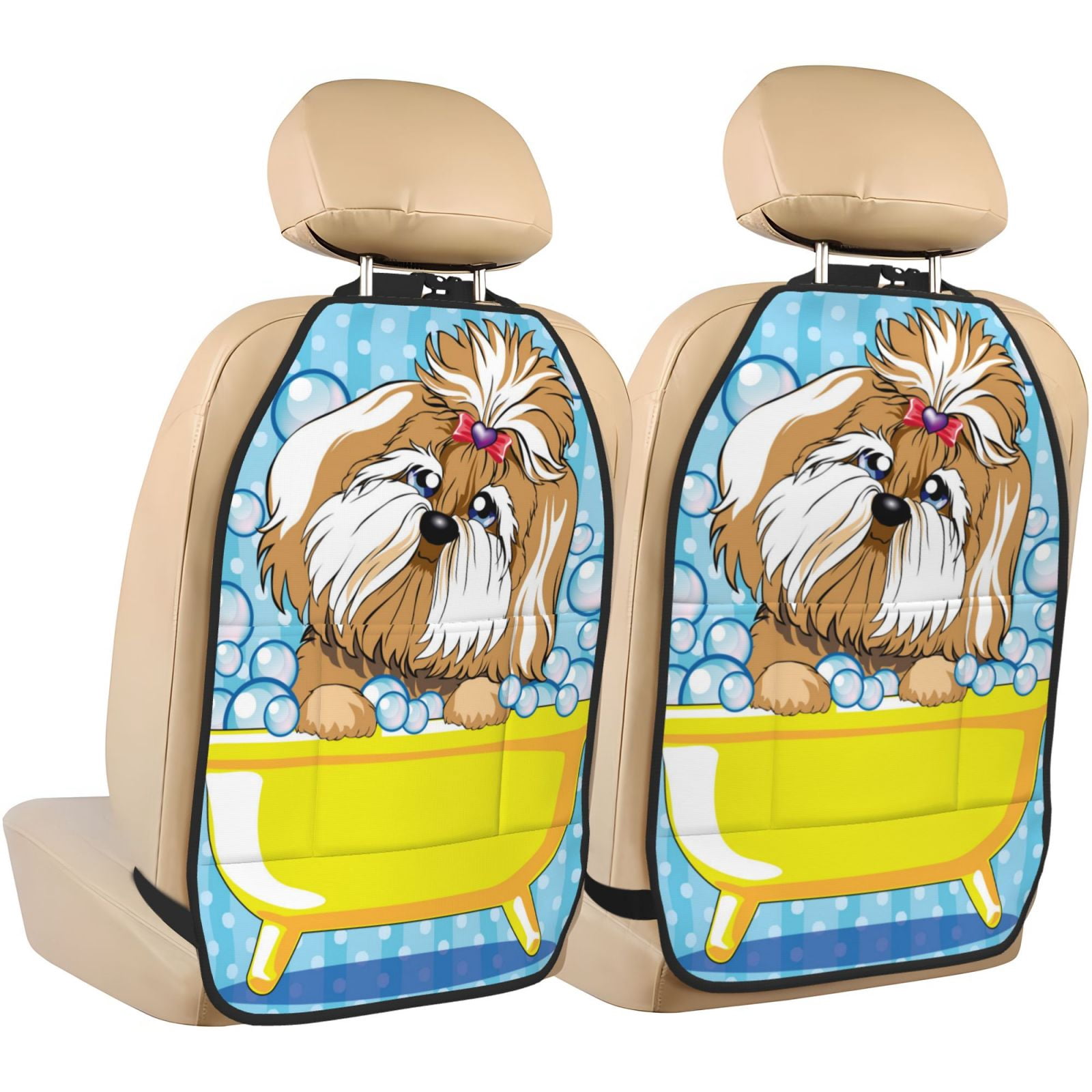 Kdxio Dog Takes a Bath in the Bathtub Print 2 Pack Car Kick Mat Seat Cover Back Protector Mat with Pockets for Organizer Backseat Protector and Storage Anti Kick Pad for Vehicles