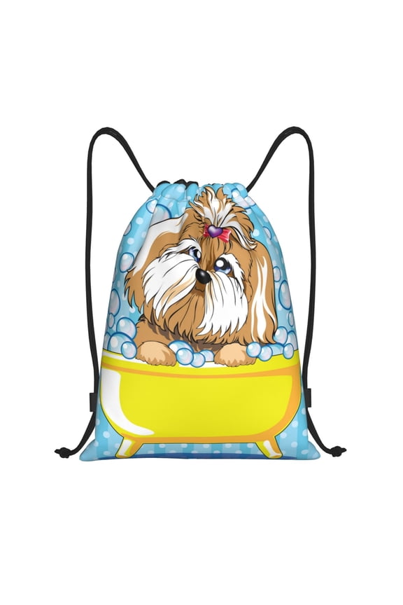 Dog Takes a Bath in the Bathtub Print Drawstring Backpack Bag,Waterproof Draw String Back Sack, Gym Drawstring Bags Swim Bag For Unisex